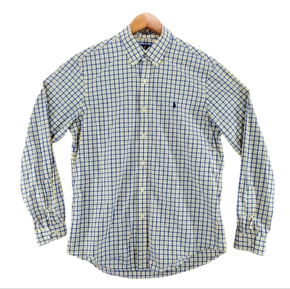 Ralph Lauren Dress Shirt Men M Check Plaid Windowpane Graph Blue Yellow Wht Logo - Picture 4 of 12